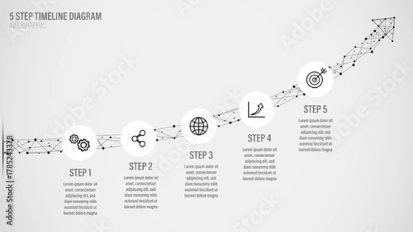 Fototapeta Abstract 5-step timeline diagram with dotted line arrow, connecting points, and business icons for progress, technology, and success.