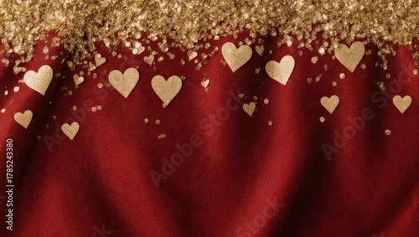 Fototapeta Elegant Red Fabric with Golden Hearts and Glittering Accents.