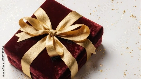 Fototapeta Elegant Red Velvet Gift Box with Golden Ribbon on White Background.