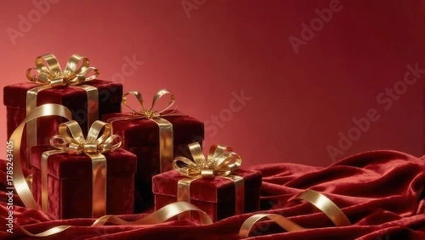 Fototapeta Elegant Red Velvet Gift Boxes with Golden Ribbons on a Rich Fabric Background.