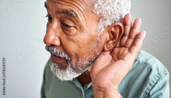 Fototapeta Close-up of an elderly man cupping his hand to his ear, listening intently, symbolizing hearing difficulty or active listening.