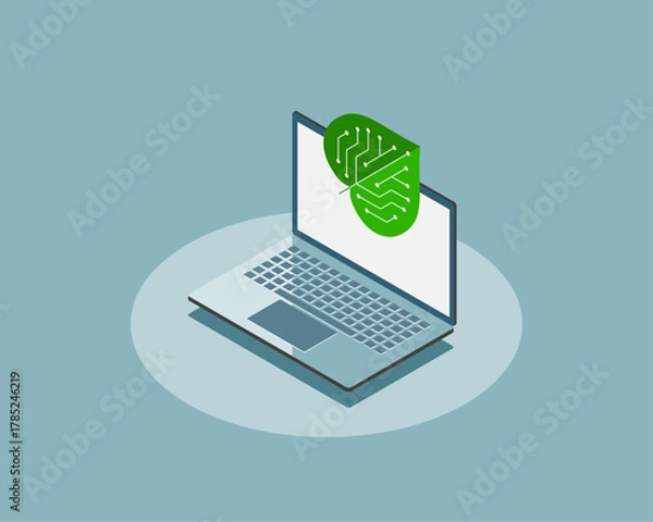 Fototapeta Green computing, green IT,  green information technology or Information and Communication Technology Sustainability. Conceptual illustration. 