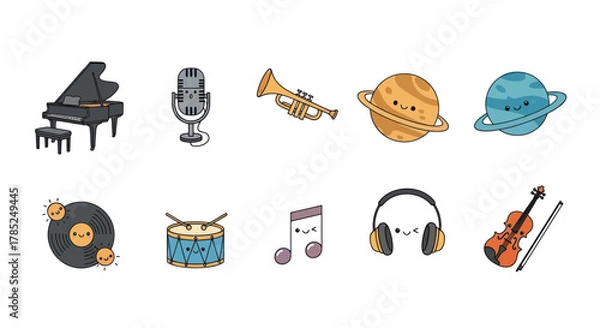 Obraz Cartoon musical instruments and planets in colorful illustration style