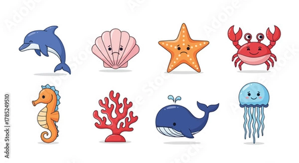 Obraz Cartoon ocean creatures set dolphin shell starfish crab seahorse