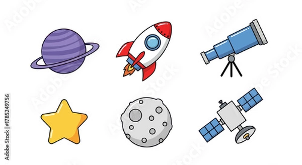 Obraz Cartoon space elements planet rocket telescope star moon and satellite