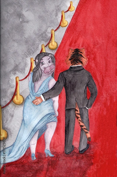 Obraz Hippopotamus on the red carpet. Raster illustration, watercolor.