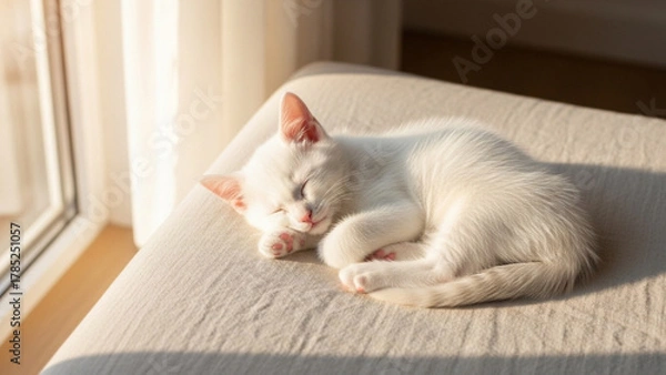Obraz Adorable white kitten napping peacefully in sunbeam by window, pure innocence and tranquility for heartwarming projects, evoking feelings of comfort and bliss