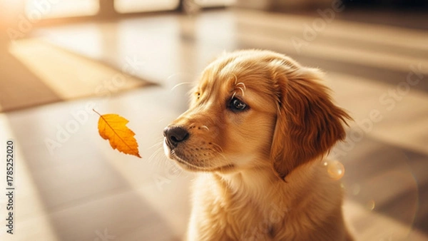 Obraz Golden retriever puppy curiously watches a falling autumn leaf in warm sunlight, symbolizing change, playfulness, and heartwarming companionship