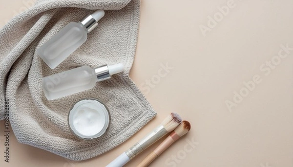 Obraz Aesthetic flat lay with skincare bottles, soft daylight, neutral background, minimalist composition, Include empty space so designers can add logos.

