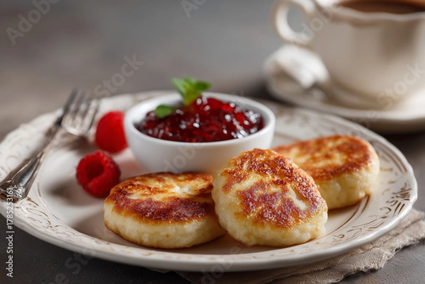 Fototapeta Syrniki Russian, Belarusian, Ukrainian, Latvian and Lithuanian dessert, fried cottage cheese pancakes