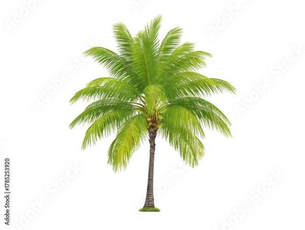 Fototapeta Tropical palm tree with lush green fronds and textured brown trunk, isolated on transparency background, evokes relaxing, exotic, and summery atmosphere, perfect for vacation themes