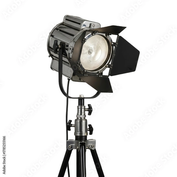 Fototapeta A black metallic studio Fresnel spotlight With Tripod isolated on white Transparent Background 