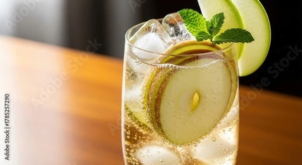 Obraz Refreshing sparkling apple drink with ice, garnished with apple slices and fresh mint, on a warm wooden table.