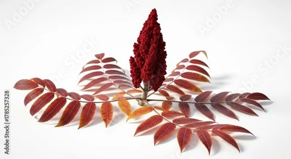 Obraz A vibrant red sumac flower cluster surrounded by autumn-colored leaves on a white background.