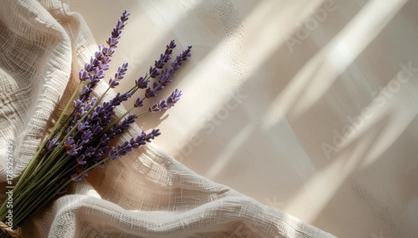 Obraz Neutral clay background with linen texture and dried lavender, warm natural light, soft shadows, eco luxury aesthetic