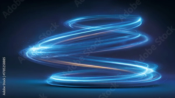 Obraz Blue neon swirl spins at light speed. Wind motion glides in curved vector path. Cold airflow effect fits seasonal banner design. Transparent swoosh marks fresh air burst. Twilight wind line suits icy 