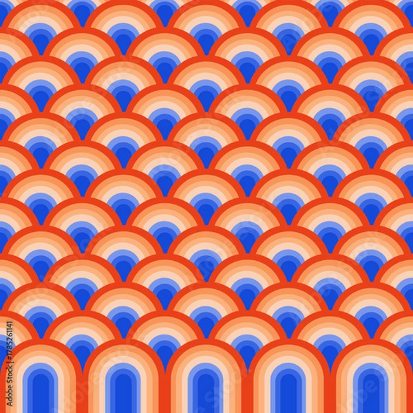 Fototapeta Repeating pattern of overlapping, stylized semi-circles with rainbow wave design.