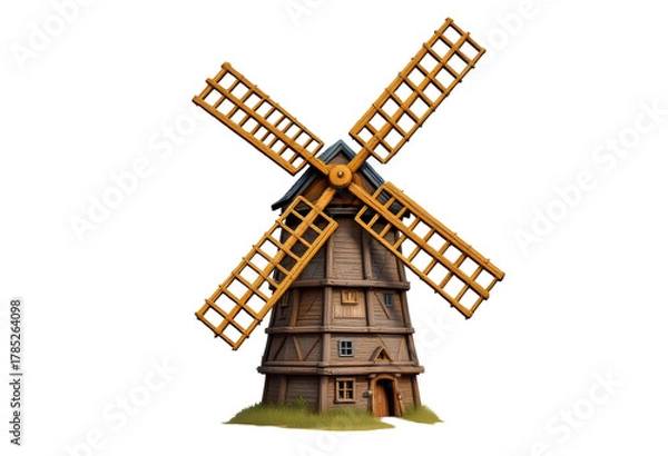Fototapeta Decorative Windmill Model with Wooden Structure and Bright Orange Blades on Transparent Background