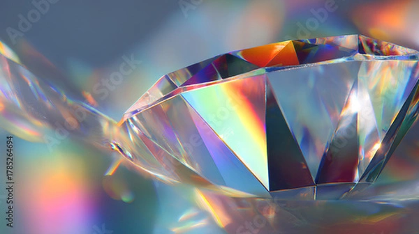 Fototapeta crystal diamond with rainbow prism light, optical bokeh, glass spectrum overlay, sparkle effect, rainbow glow
