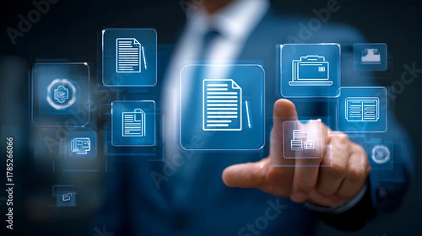 Fototapeta Document management concept, check electronic documents on digital documents on virtual screen Document Management System and process automation to efficiently document paperless