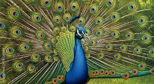 Fototapeta A vibrant peacock displaying its colorful and elaborate tail feathers in a natural setting with intricate eye patterns and iridescent hues