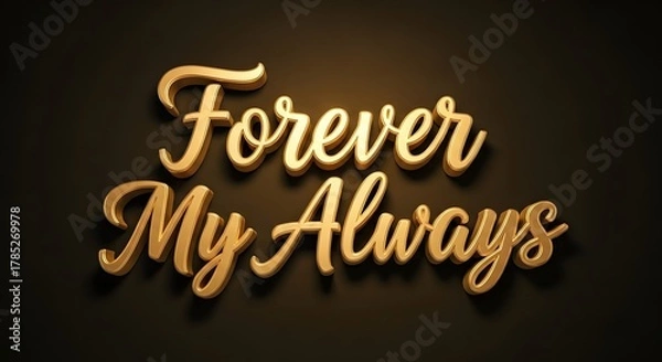 Fototapeta A stylish 3D golden text display reading 'Forever My Always' on a dark background, emphasizing elegance and timeless sentiment for romantic or decorative purposes