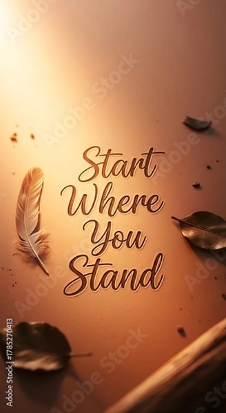 Fototapeta Inspirational quote on a warm-toned background with floating feathers and leaves encouraging new beginnings and personal growth