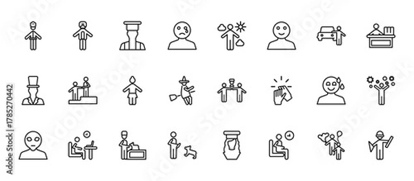 Obraz 24 set of outline web people icons such as protective suit, weathercaster, helping other to jump, relieved smile, dog trainer vector thin icons for report, presentation, diagram, web design, mobile