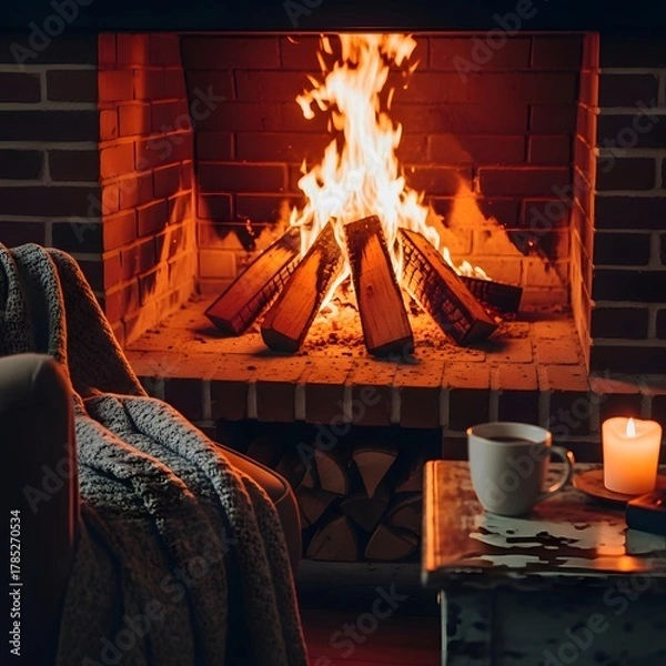 Fototapeta Cozy indoor scene featuring a warm fireplace with burning logs, a comfortable armchair draped with a blanket, and a table with a cup and a lit candle creating a relaxing atmosphere