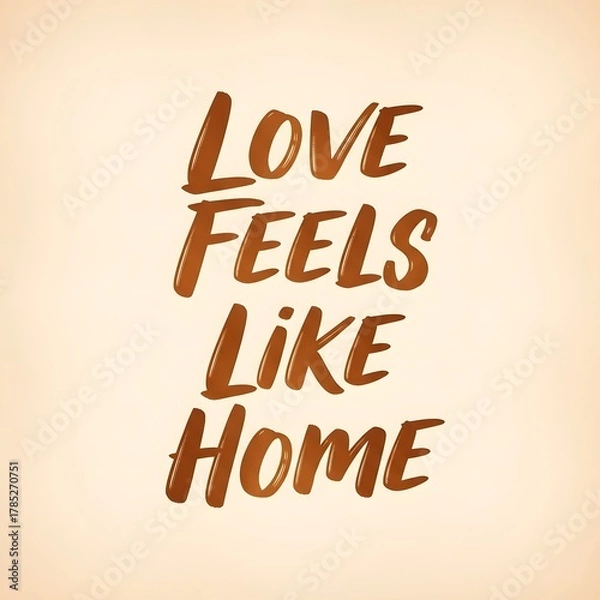 Fototapeta Inspirational quote on a warm beige background that reads 'Love Feels Like Home' in bold, stylish brown lettering, evoking feelings of comfort and belonging