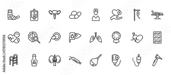 Obraz 24 set of outline web health and medical icons such as medical result, medical, neurology, heart rate, injection vector thin icons for report, presentation, diagram, web design, mobile app