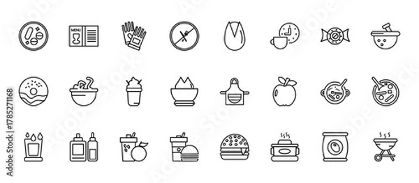 Fototapeta 24 set of outline web food icons such as drinks menu, pistachio, worms, snow fungus soup, junk food vector thin icons for report, presentation, diagram, web design, mobile app