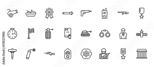 Obraz 24 set of outline web army icons such as army boat, gun shooting, patriot, civilian, shoulder strap vector thin icons for report, presentation, diagram, web design, mobile app