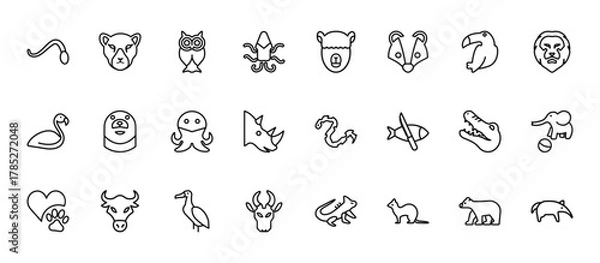 Obraz 24 set of outline web animals icons such as puma, alpaca, otter, alligator, antelope vector thin icons for report, presentation, diagram, web design, mobile app