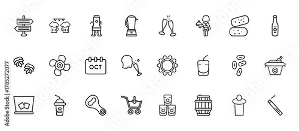 Obraz 24 set of outline web alcohol icons such as oktoberfest, cheers, cooling, yeast, order vector thin icons for report, presentation, diagram, web design, mobile app