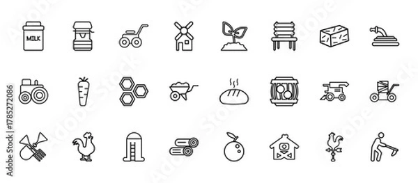 Obraz 24 set of outline web farming icons such as water well, planting, carrots, combine harvester, wood logs vector thin icons for report, presentation, diagram, web design, mobile app