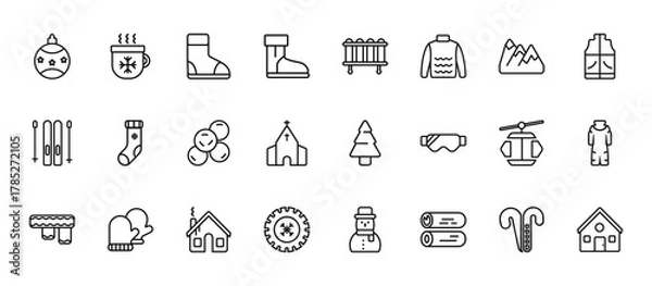 Obraz 24 set of outline web winter icons such as hot drink, heater, christmas sock, cable car cabin, winter tire vector thin icons for report, presentation, diagram, web design, mobile app