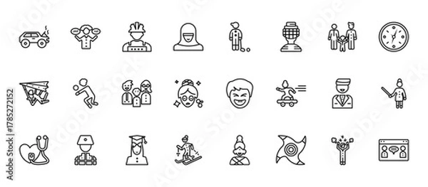 Obraz 24 set of outline web user icons such as feasibility, golfer, volleyball player, groom avatar, skier vector thin icons for report, presentation, diagram, web design, mobile app