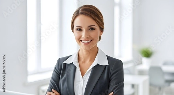 Fototapeta Professional young woman in formal attire smiling confidently in a modern office environment with large windows and natural light