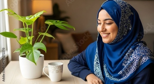 Fototapeta A smiling woman wearing a blue hijab sitting at a table with a potted plant and a cup in a cozy indoor setting