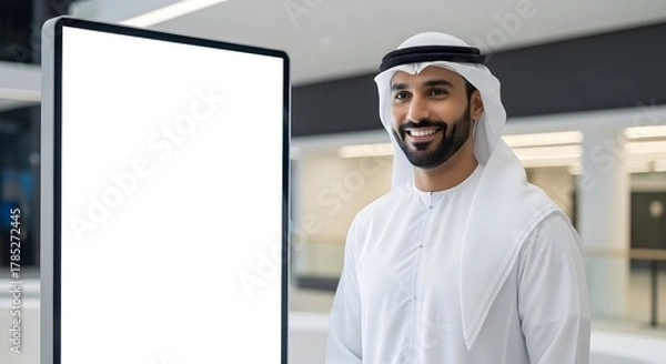 Fototapeta A smiling man wearing traditional Middle Eastern attire standing in front of a blank digital display in a modern indoor setting