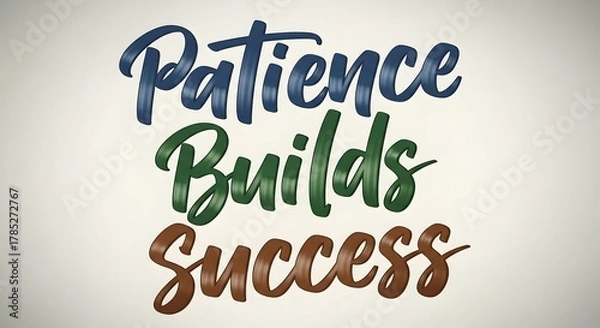 Fototapeta Inspirational quote displayed on a wall with the words 'Patience Builds Success' in bold, colorful lettering emphasizing perseverance and achievement