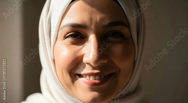 Fototapeta Close-up of a smiling woman wearing a light-colored headscarf with warm lighting highlighting her cheerful expression