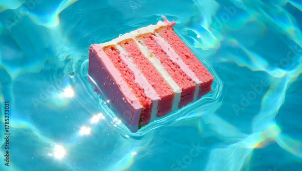 Fototapeta a pink piece of cake floating in a pool