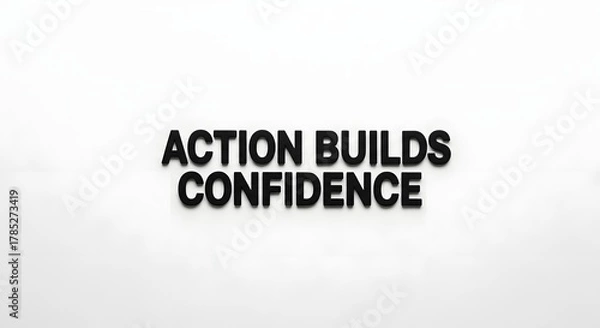 Fototapeta A motivational wall art displaying the phrase 'Action Builds Confidence' in bold black letters on a plain white background, inspiring viewers to take initiative and believe in themselves