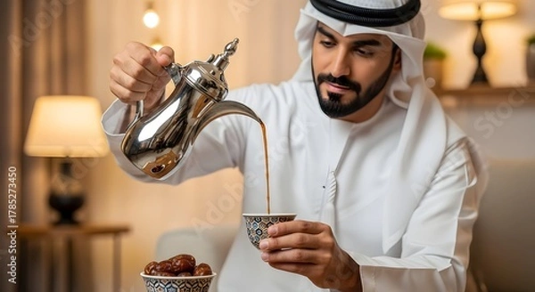 Fototapeta A man in traditional Middle Eastern attire pouring tea from a stainless steel teapot into a decorative cup in a cozy indoor setting