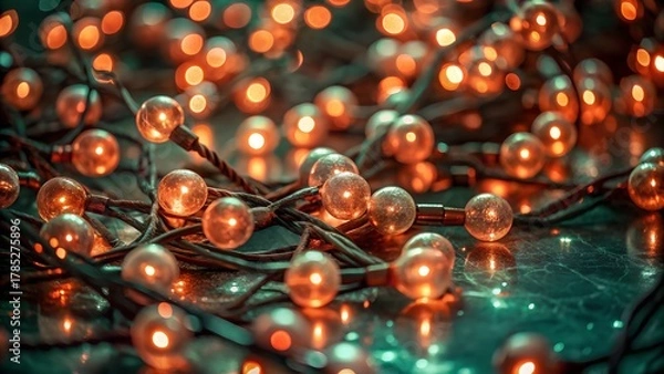 Fototapeta Warm glowing garlands with orange bulbs create a cozy festive atmosphere, close-up on a shiny surface. New Year. Christmas background.
