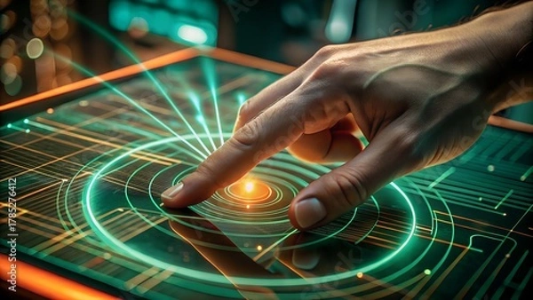 Fototapeta A futuristic concept of a human hand touching a holographic digital touchscreen displaying sound waves. Conceptualization of technology, innovation, and human interaction with data.