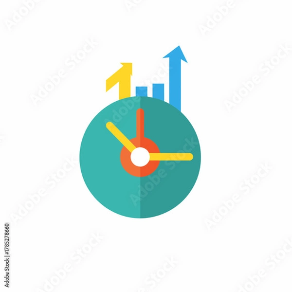 Obraz Illustration Clock Vector SVG with Arrow Business Graph Teal Orange Yellow Modern Flat Design