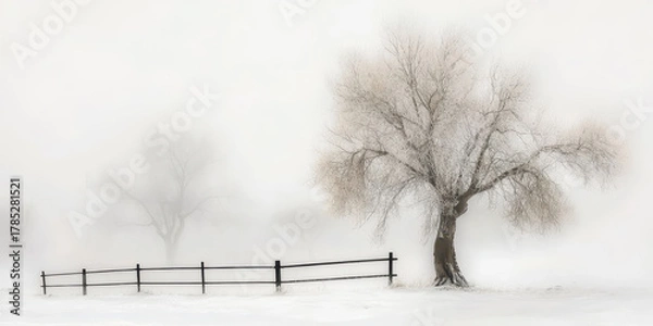 Fototapeta Old tree in the snow, surrounded by a black metal fence